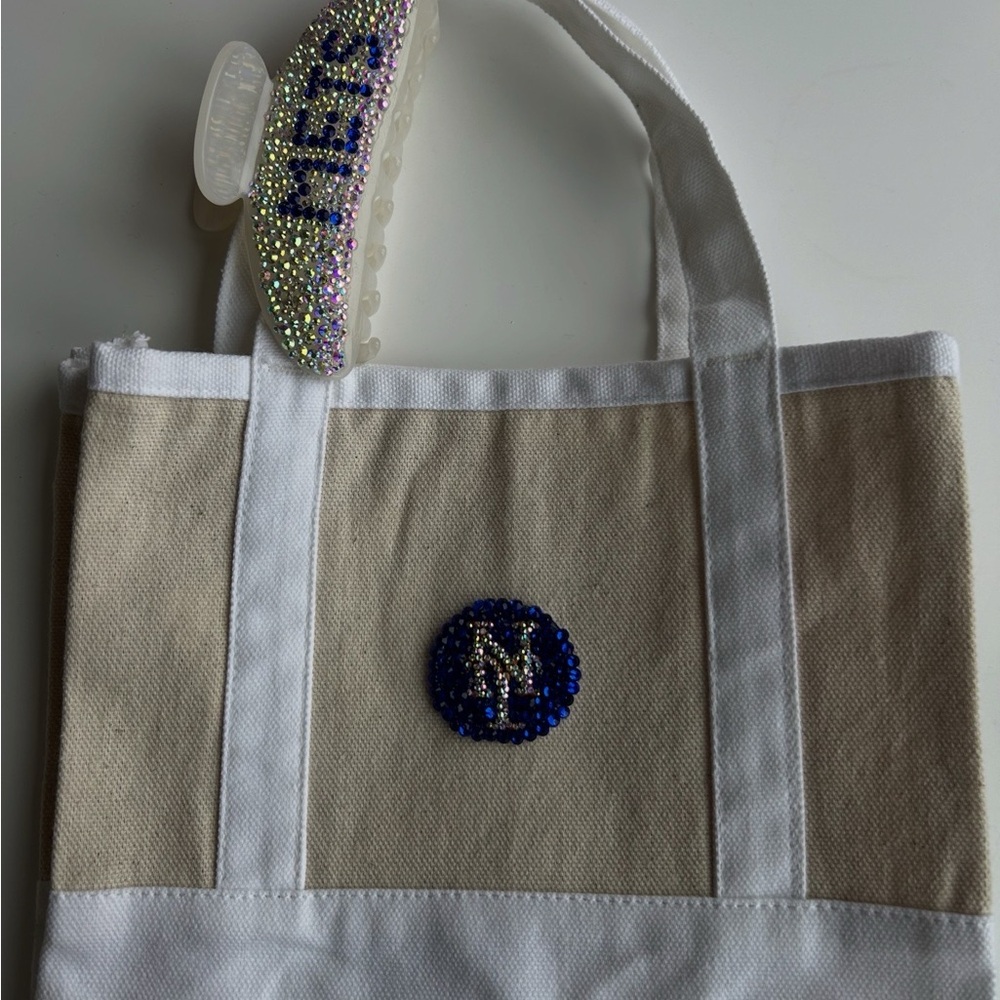 Beaded Canvas Tote Bag - Tan and White